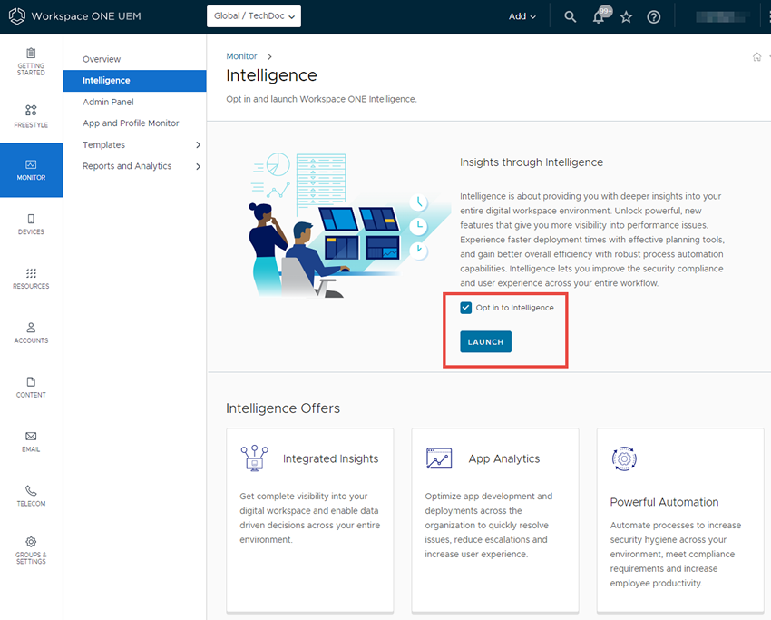 This screenshot shows the introduction and opt-in screen for Omnissa Intelligence.