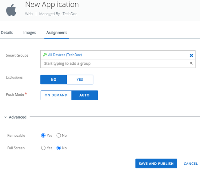 This partial screenshot shows the Assignment tab for adding an Apple weblink.
