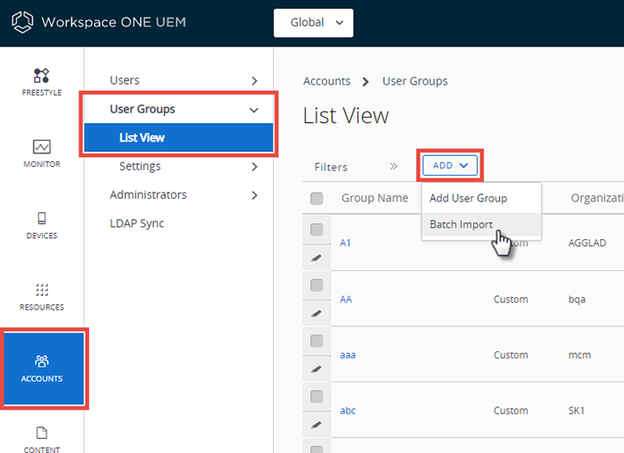 This screenshot shows the user group list view, in Accounts, users, which lets you initiate a batch importation of user groups. This screenshot shows the user group list view, in Accounts, users, which lets you initiate a batch importation of user groups.
