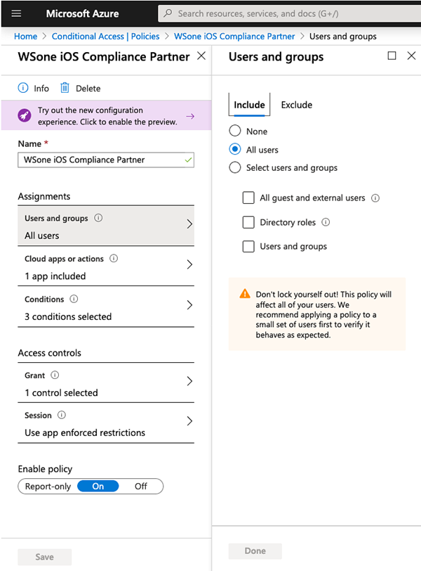 This partial screenshot shows the Azure console iOS Compliance configuration screen.