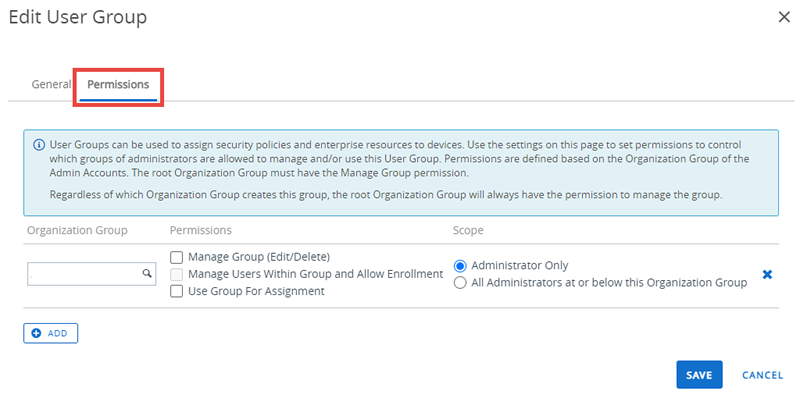 This screenshot shows the Permissions tab for the Edit User Group screen. This screenshot shows the Permissions tab for the Edit User Group screen.