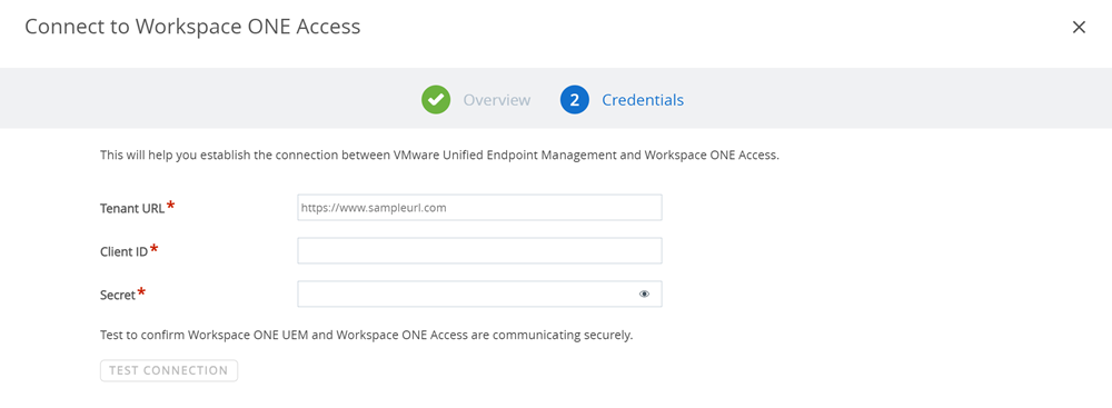 This screenshot shows the Credentials configure screen for Omnissa Access, which enables you to enter your tenant URL plus its associated username and password.