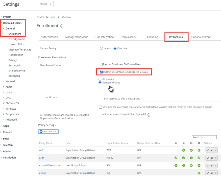 This screenshot shows the Restrictions tab of the Enrollment System Settings in Devices & Users - General - Enrollment, which lets you configure the behavior of applying enterprise wipes to users who do not belong to a user group.
