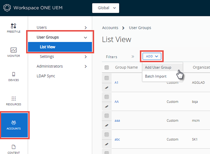 This screenshot shows the User Groups List View in Accounts, Users, which enables you to add new user groups to UEM.