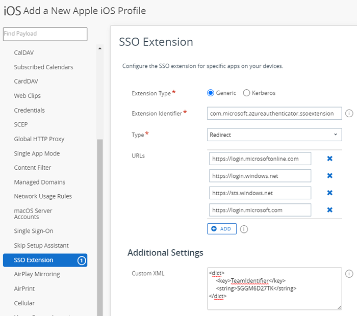 This screenshot shows the SSO Extension payload screen for an iOS device profile, prepopulated with the best practice settings for MS Conditional Access.