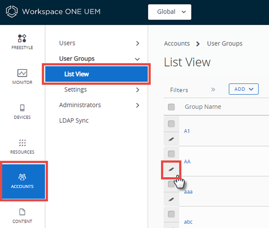 This screenshot shows the User Group List View with the edit icon for one of the user groups highlighted, which is where you must go to edit permissions for existing user groups.
