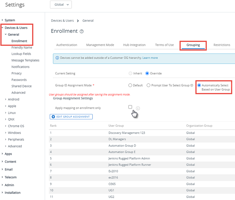 This screenshot shows the Grouping tab on the Enrollment System Settings, in Devices & Users - General - Enrollment, which enables you to mapp user groups for enrollment and for granting access to the console.
