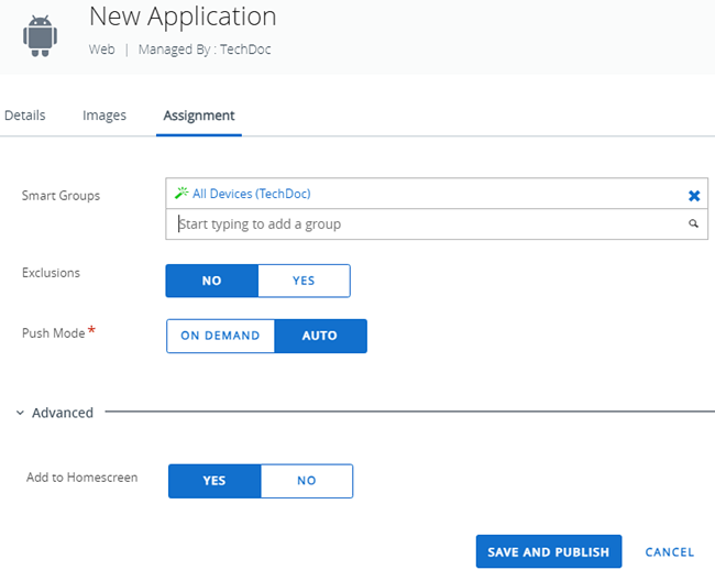 This partial screenshot shows the Assignment tab for adding an Android weblink.