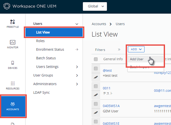 This screenshot shows the User List View in Accounts, which lets you add new directory users to UEM.
