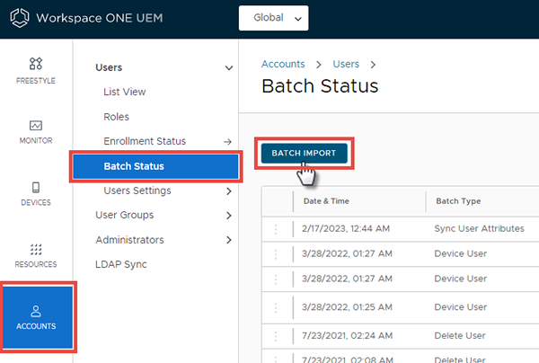 This screenshot shows the Batch Status screen in Accounts Users, which enables you to add directory users to UEM in batch, saving time and effort.