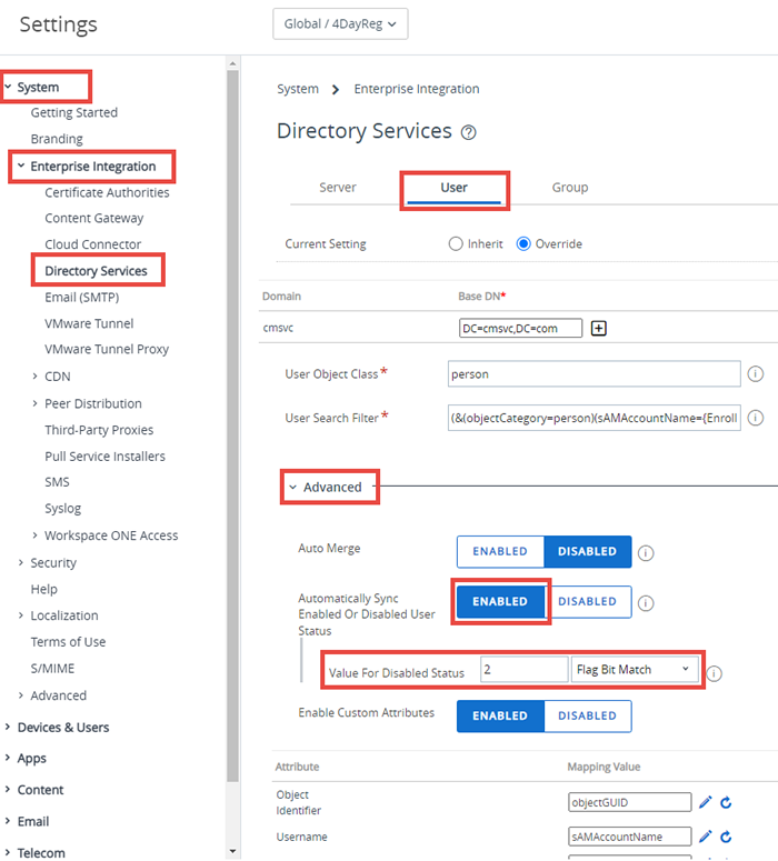This screenshot shows the Directory Service system settings page in System - Enterprise Integration, which lets you set all your deactivated users in an LDAP environment to inactive.
