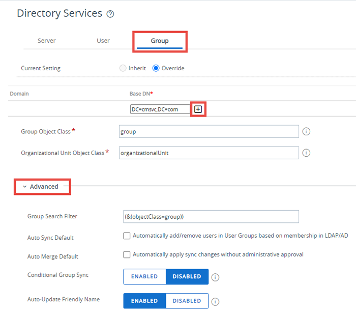 This screenshot shows the Group tab of the Directory Services system settings, with the Fetch DN plus sign highlighted and the Advanced section highlighted.
