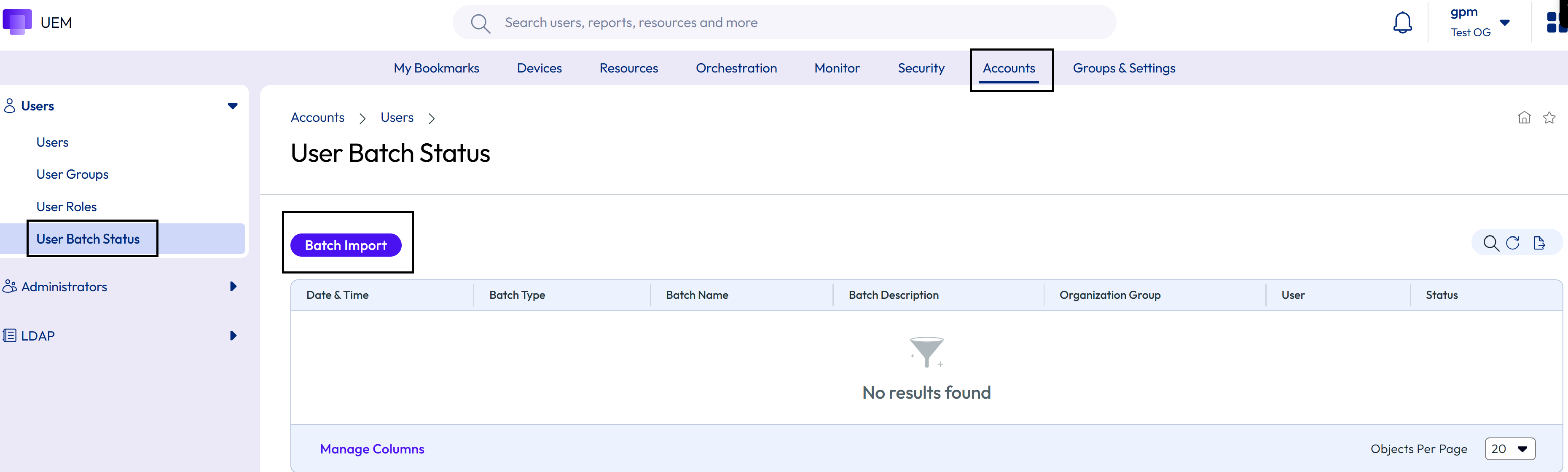 This screenshot shows the Batch Status screen in Accounts Users, which enables you to add directory users to UEM in batch, saving time and effort.