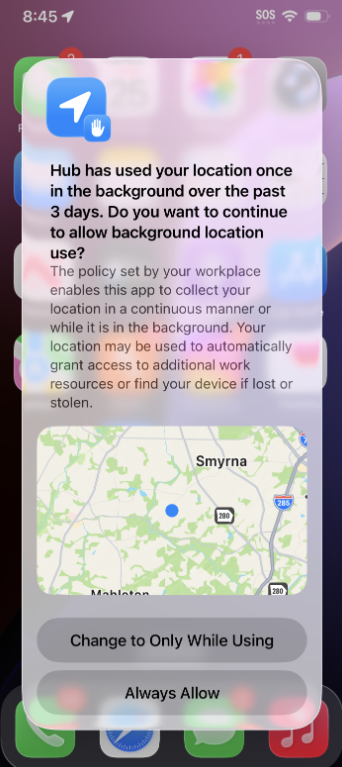 Picture of another prompt telling the user that Hub used their location.
