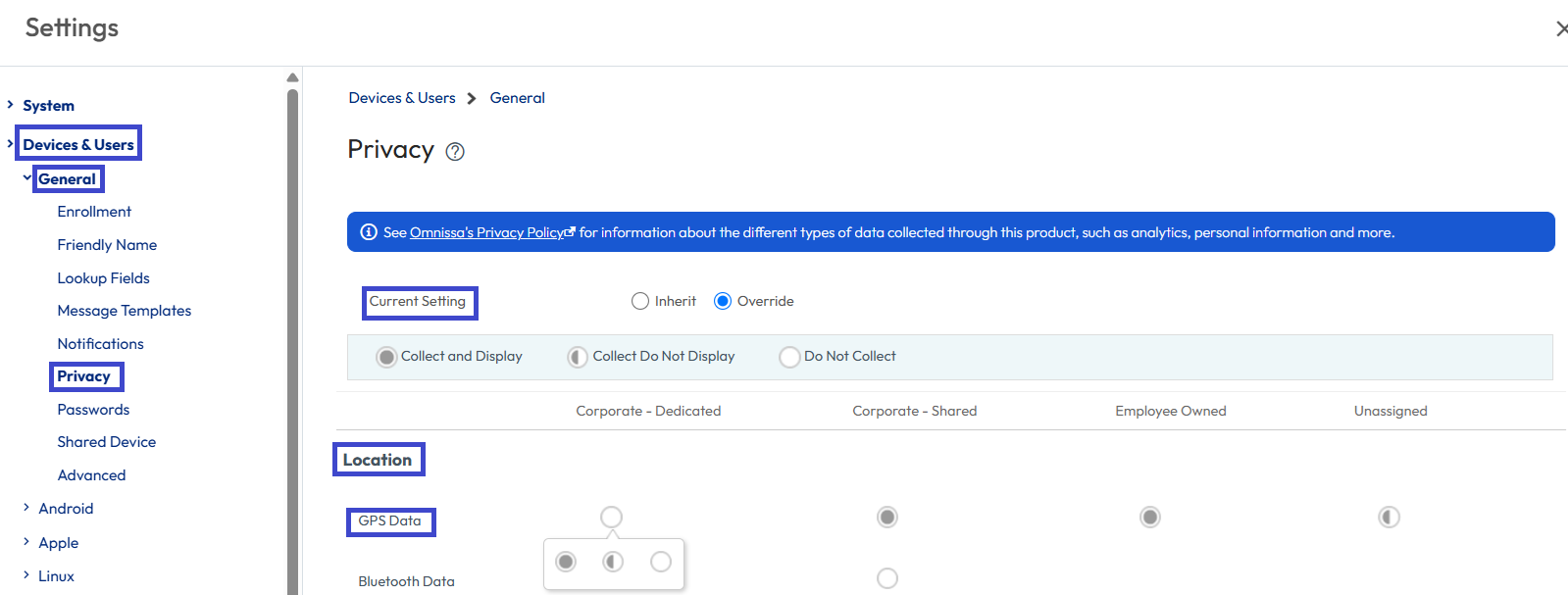 Select the GPS Data collection for the applicable device types.