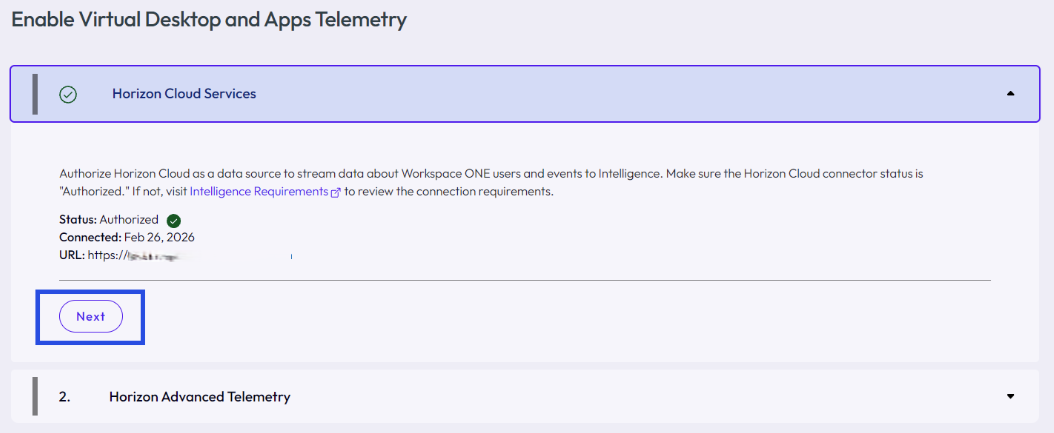 Enter your Horizon Cloud URL to authorize communication between Experience Management solution and Horizon.
