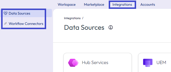 In the Intelligence console, go to the Integrations section to see what Data Sources and Workflow Connectors are available so you can use their associated actions in your workflows In the Intelligence console, go to the Integrations section to see what Data Sources and Workflow Connectors are available so you can use their associated actions in your workflows