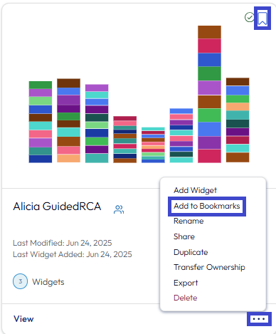 Select the bookmark icon to add a bookmark in a dashboard or in a workflow.