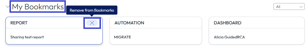 Use the X to delete a bookmark in the My Bookmarks section.