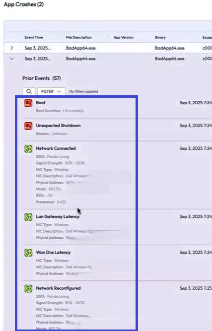 View a screenshot of breadcrumbs for the App Crash event for the app BadApp64 to know what triggered the event.