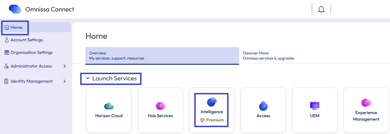 Use the Connect Home page to find Intelligence.