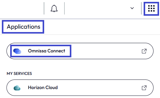 Use the header menu to select Omnissa Connect and to access your Omnissa Services tiles.