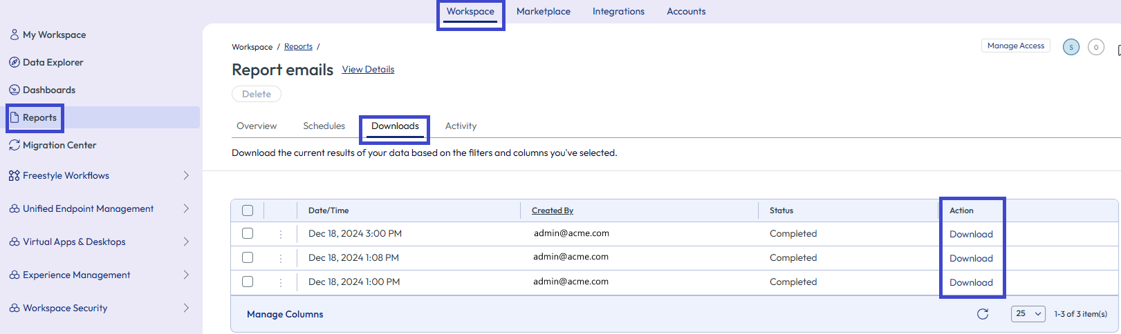 Select Download in the Action column after generating the report.