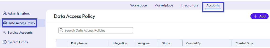 Find Data Access Policies in the Accounts area of Intelligence