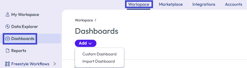 Find your dashboards in Intelligence in Workspace > Dashboards. You can add custom dashboards and import them.