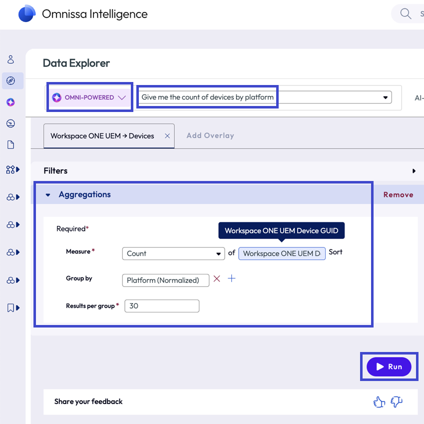 After you enter your question, Omni-Powered Data Explorer generates the results in the Aggregations area that you can modify and run again. After you enter your question, Omni-Powered Data Explorer generates the results in the Aggregations area that you can modify and run again.