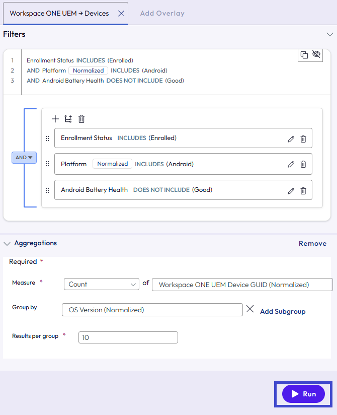 Use the Run button to get your results on the Results tab. Use the Run button to get your results on the Results tab.