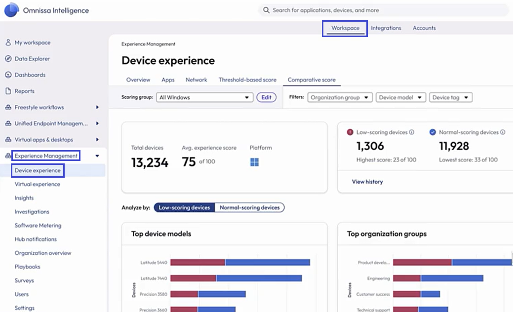 Navigate to your device experience score data from the Device Experience dashboard.