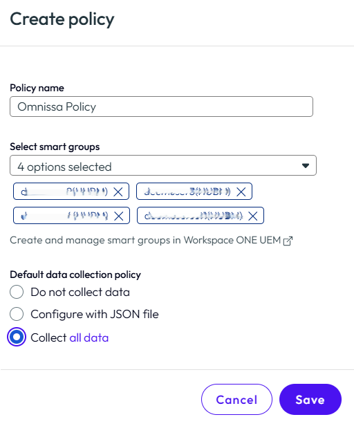Use the Create policy widget to assign telemetry collection by smart group or organization.
