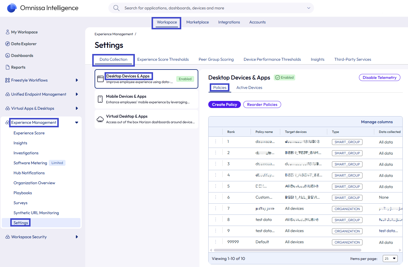 Find your Experience Management Telemetry Enablement policies on the Data Collection tab of the Experience Management Settings area.