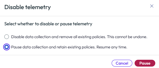 Ensure you select correct radio button for to pause your telemetry collection.