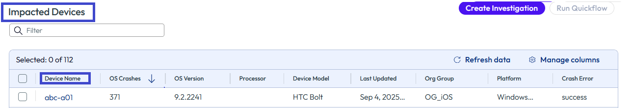 Find the device having the most OS crashes by filtering the OS Crash column. Find the device having the most OS crashes by filtering the OS Crash column.