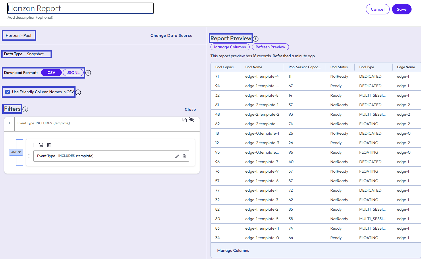 Custom reports offer flexibility for sharing data specific information concerning your Horizon Cloud deployment. The report preview is especially helpful. Use it to fine tune the report so that the report returns useful information. Custom reports offer flexibility for sharing data specific information concerning your Horizon Cloud deployment. The report preview is especially helpful. Use it to fine tune the report so that the report returns useful information.