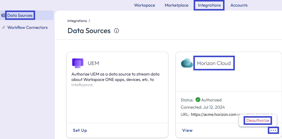 To disconnect Horizon from Intelligence, find the Horizon Cloud data source card and select to deauthorize the integration. To disconnect Horizon from Intelligence, find the Horizon Cloud data source card and select to deauthorize the integration.