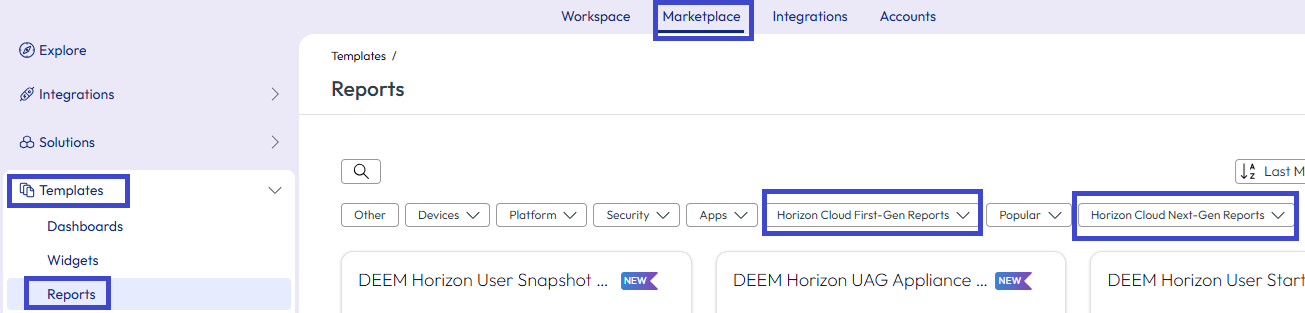 Use a Marketplace template to display reported Horizon Cloud data in Intelligence.