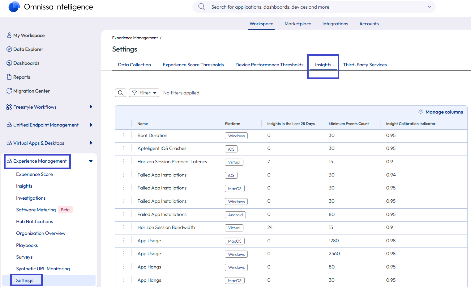 Use the Insights tab to increase or reduce the sensitivity of the Insights identification mechanism.