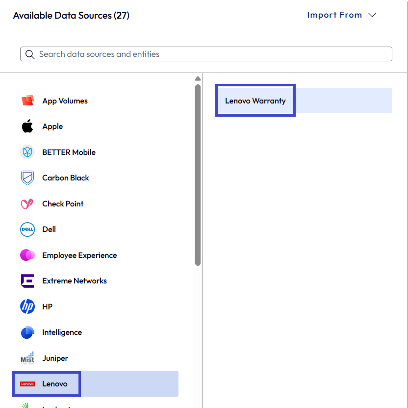 After you integrate your Lenovo warranty information, the system offers Lenovo as a data source to add to widgets.