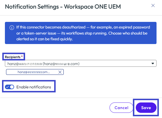 Activate or deactivate notifications concerning disconnected workflow connectors.