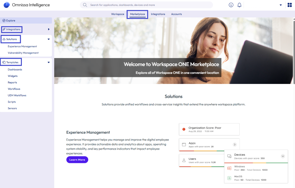 Access the Marketplace directly from Omnissa Intelligence, which is convenient for quick access to templates for your dashboards, reports, and workflows.