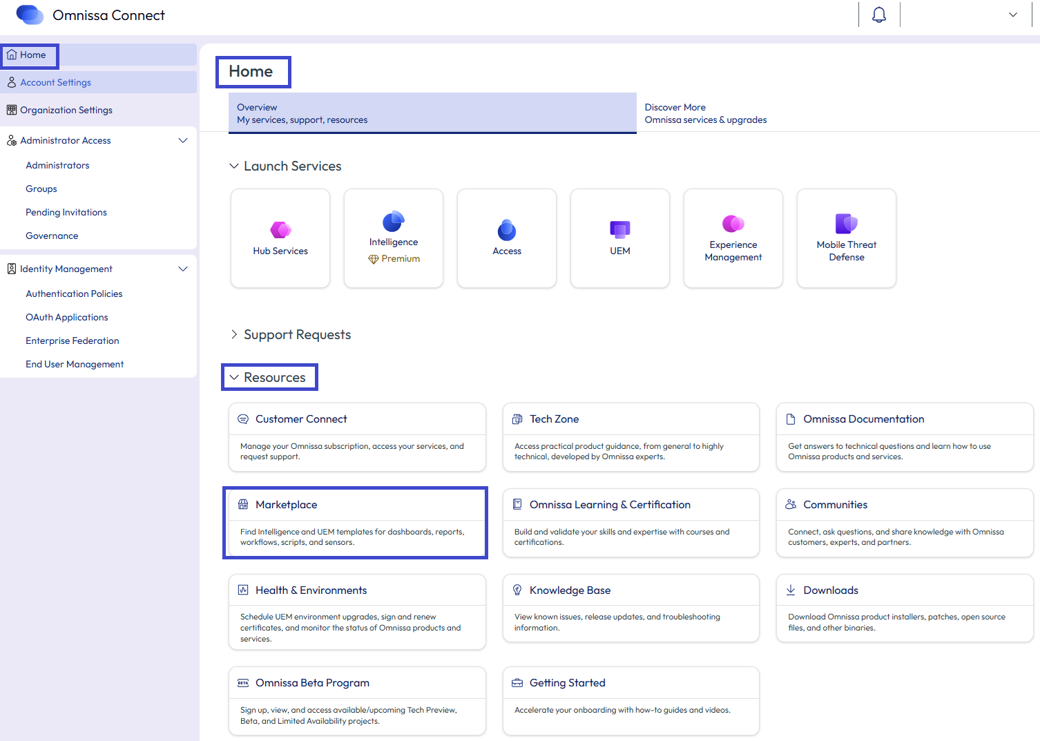 Use the Marketplace tile to access Omnissa Solutions, Integrations, and Templates.