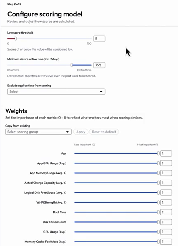 The widget for the scoring model that includes weights and app exclusions.