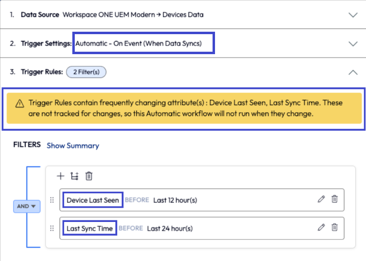 The UI displays a warning and identifies the attributes that do not trigger a workflow so you know to select other attributes. The UI displays a warning and identifies the attributes that do not trigger a workflow so you know to select other attributes.