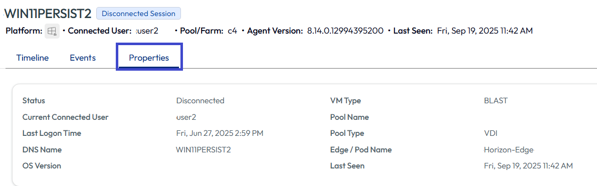 The Properties tab gives you basic information concerning the virtual machine and its user. The Properties tab gives you basic information concerning the virtual machine and its user.