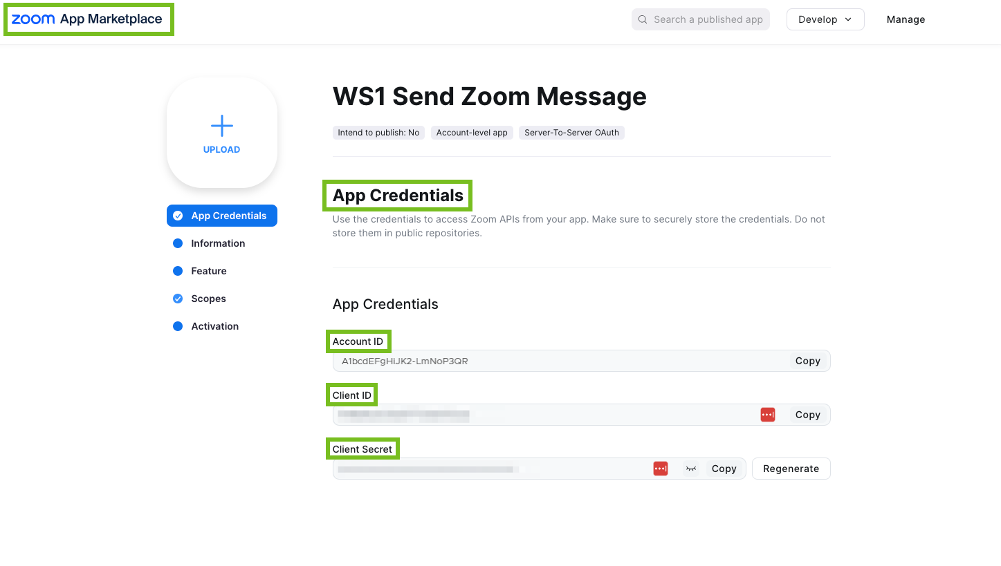 Record your app's credentials so you can enter them in Intelligence.