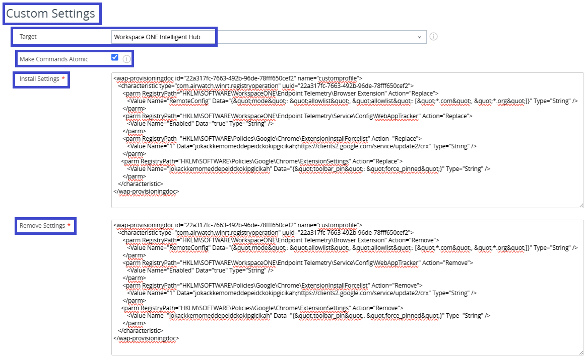 Use the template code in your Windows device profile, in the custom settings area.