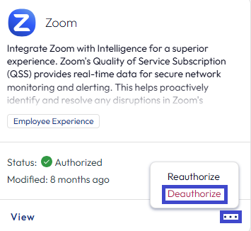 Use the Zoom tile, you can see that its status is Authorized in Data Sources to uncouple the two systems using the deauthorize menu options.
